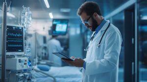 Doctor Using Tablet in a Hospital Room